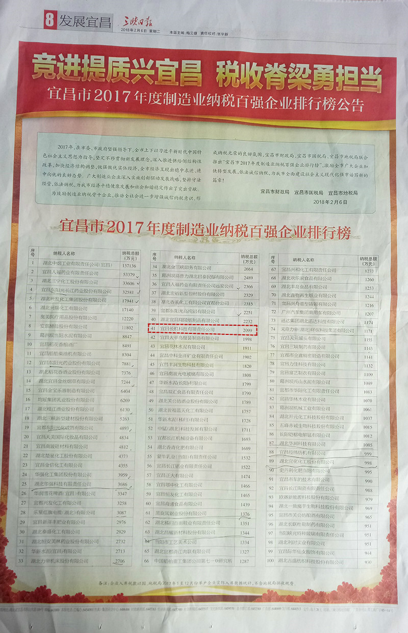 宜昌長(zhǎng)機(jī)科技上榜“宜昌市2017年度制造業(yè)納稅百?gòu)?qiáng)企業(yè)”